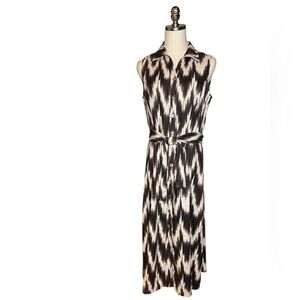 Chico's Linen Midi Dress Brown White Sleeveless Belted Resortwear Buttons 1.5